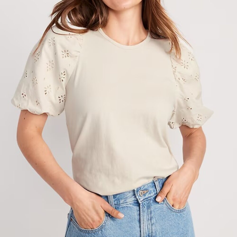 Old Navy Puff-Sleeve Cutwork Top, Off White 4X